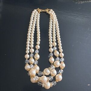 Vintage Richelieu Triple-Strand Faux Pearl & Crystal Choker Necklace